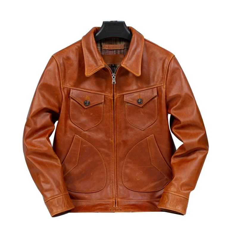 

Retro Brown Spring Men's Jacket Plus Size 4XL American Casual Style Natural Cowhide Autumn Slim Fit Short Genuine Leather Coats