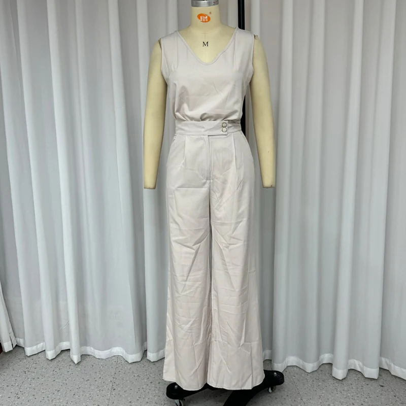 Waytobele Women Two Piece Set Summer Casual Solid V Neck Sleeveless Vest Pullover Top Loose Wide Legs Pants Sets Streetwear