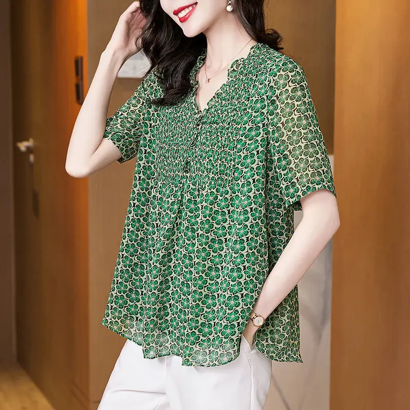 2023 Summer New Short Sleeve Casual Fashion Loose Tops Women V-neck Thin Printing Refreshing Large Size Chiffon Shirt