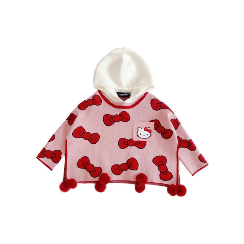 thumbnail image 1 of Hello Kitty moda infantil tridimensional piel lazo bola capa abrigo niñas lindo dulce con capucha suéter de punto capa superior, 1 of 4