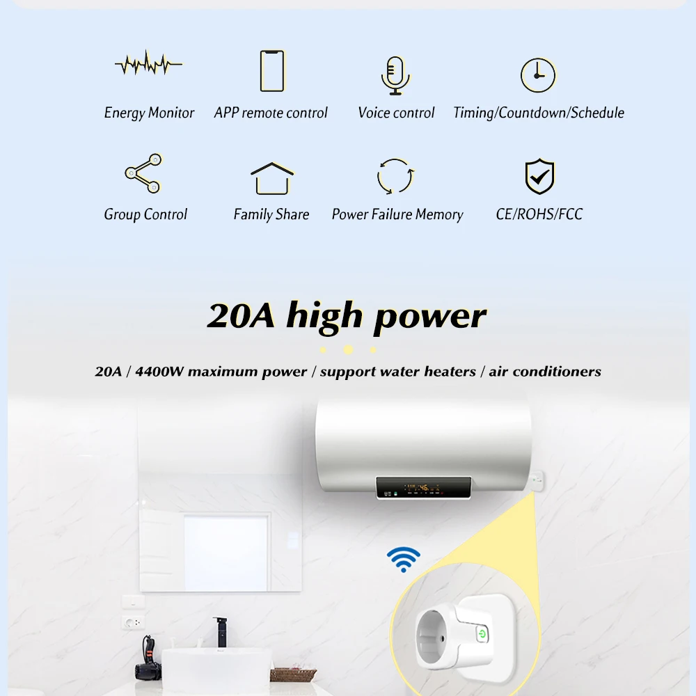 de Energia, Tomada Remota, 20A, Tuya, WiFi,