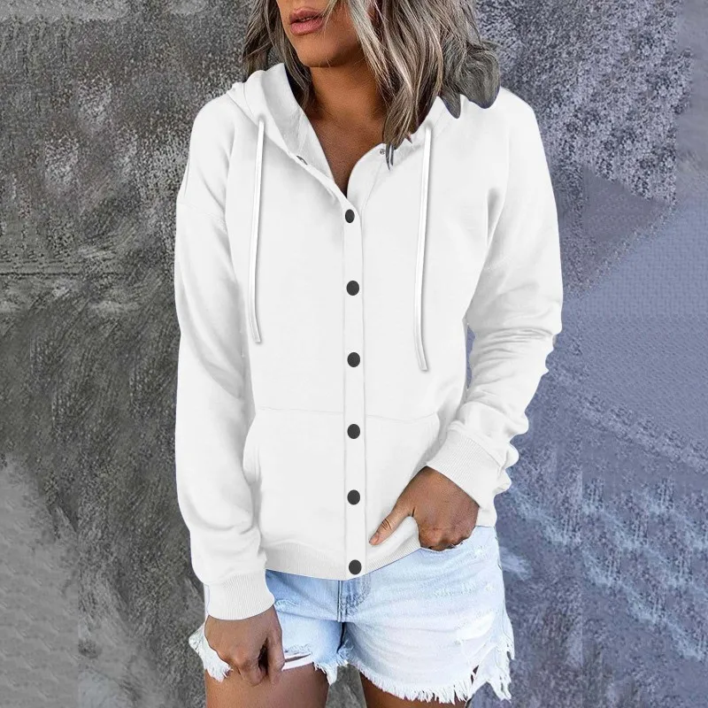 

2023 New Autumn Fashion Simple Pocket Loose Hooded Drawstring Cardigan Long Sleeve Temperament Commuter Women's Button Sweater