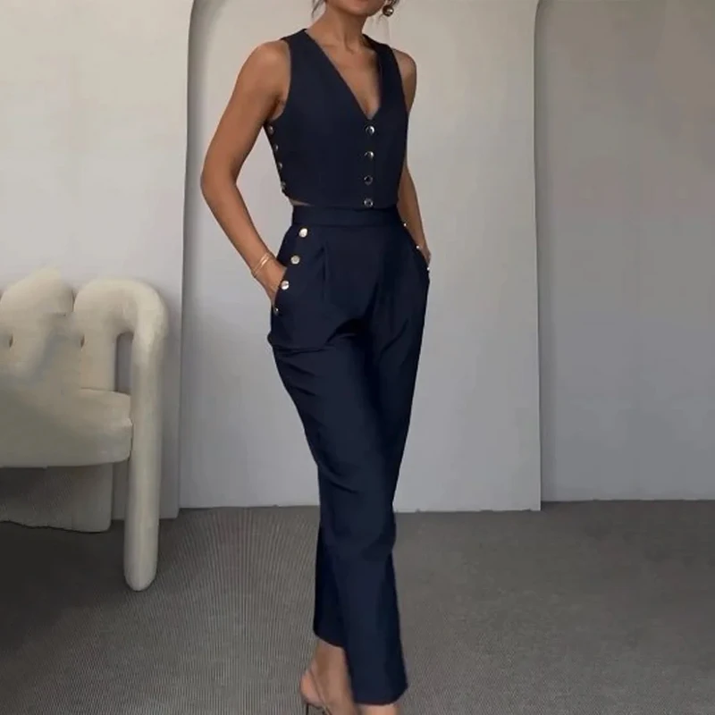 Wefads Two Piece Set Summer Women Office Fashion V Neck Single Breasted Button Sleeveless Vest Top With Pockets Pants Sets