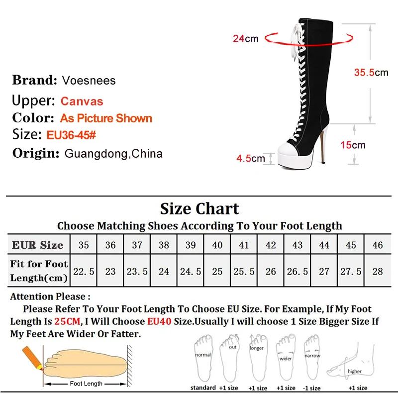 Spring Autumn Fashion Black White Women's Canvas Knee High Boots Thin High Heels 15cm Platform 4.5cm Lace-Up Ladies Long Boots