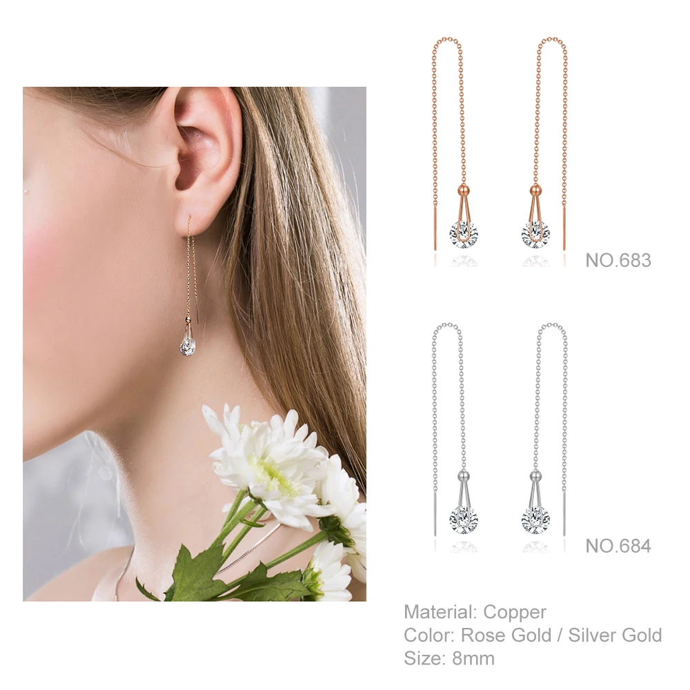 Long Drop Ear Line Hanging Earrings For Women Rose Gold Color Zirconia Crystal Threader Earing Ear Piercing Accessories Jewelry