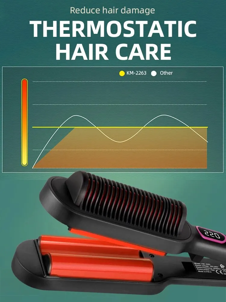 KEMEI 2 IN 1Wide Flat Hair Straightener, 1.7inch Straightening Irons for Thick Hair, Adjustable Temperature 140&deg;-220&deg;
