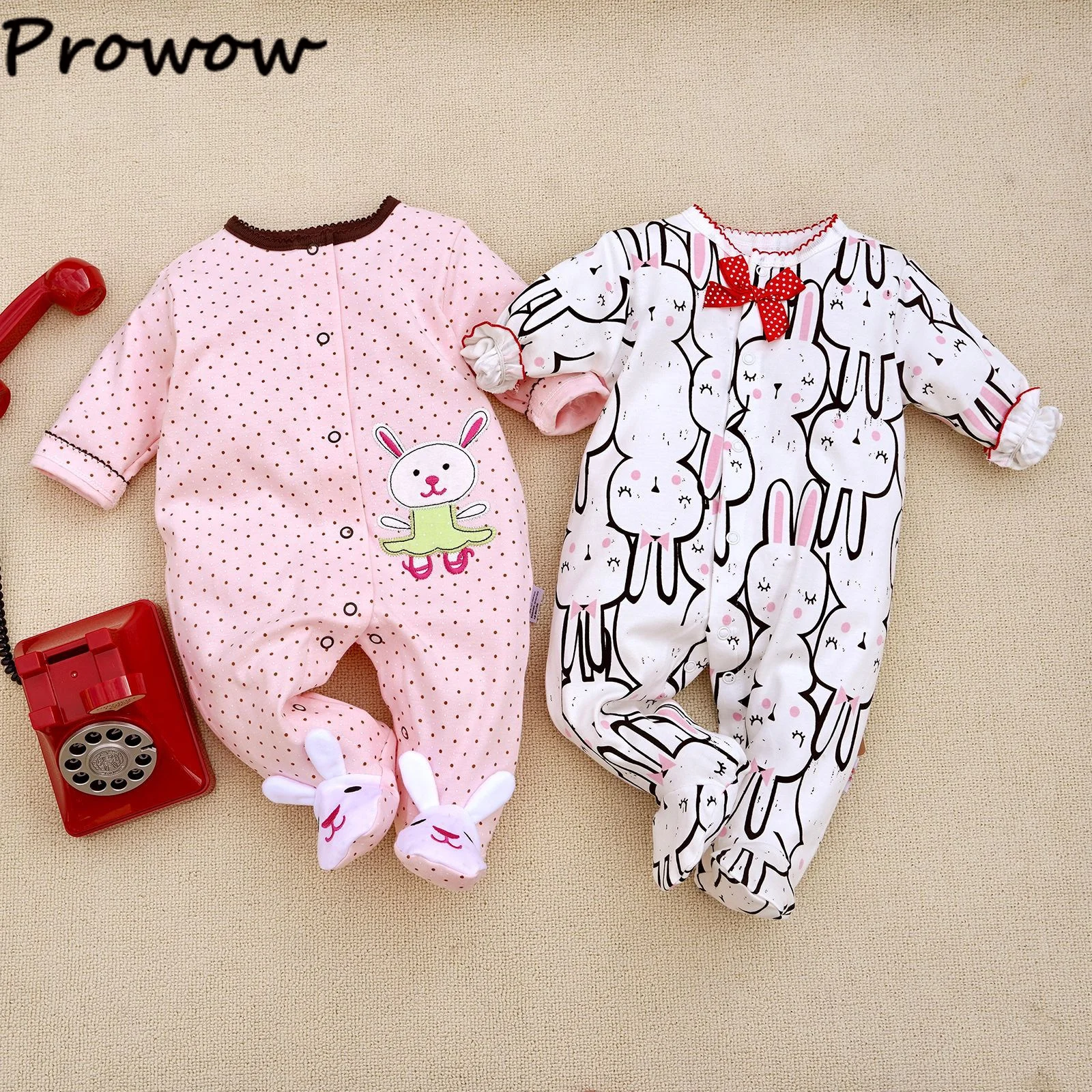 Prowow 0-12M Baby Girls Pink Rabbit Swan Footies Pajamas For Infants Long Sleeve Newborn Romper Jumpsuit baby sleepsuit,baby clothes