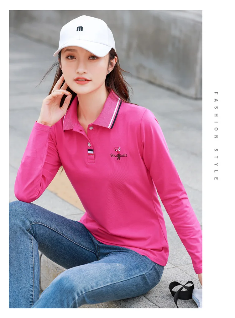 nova camisa polo branco primavera outono manga longa algodão polo golfe feminino casual topos ropa de mujer