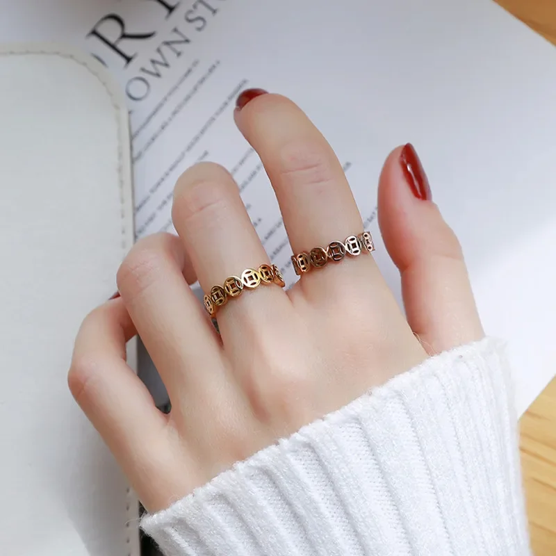 Titanium Steel Women Lucky Ring Money Catcher Coin Stainless Charm Finger Rings Feng Shui Pixiu Mantra Wealth Rings