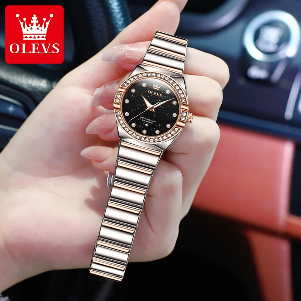 OLEVS Fashion Starry Sky Dial Quartz Watch Women Stainless Steel Strap Waterproof Luxury Diamond Womens Watch Relogio Feminino