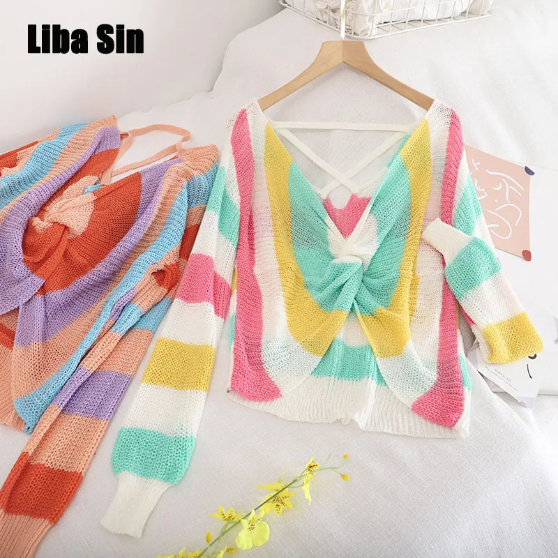 

Liba Sin Women Summer Knitwear Rainbow Contrast Stripe Twist V-Neck Cropped Navel Sun Protection Long Sleeve Thin Top