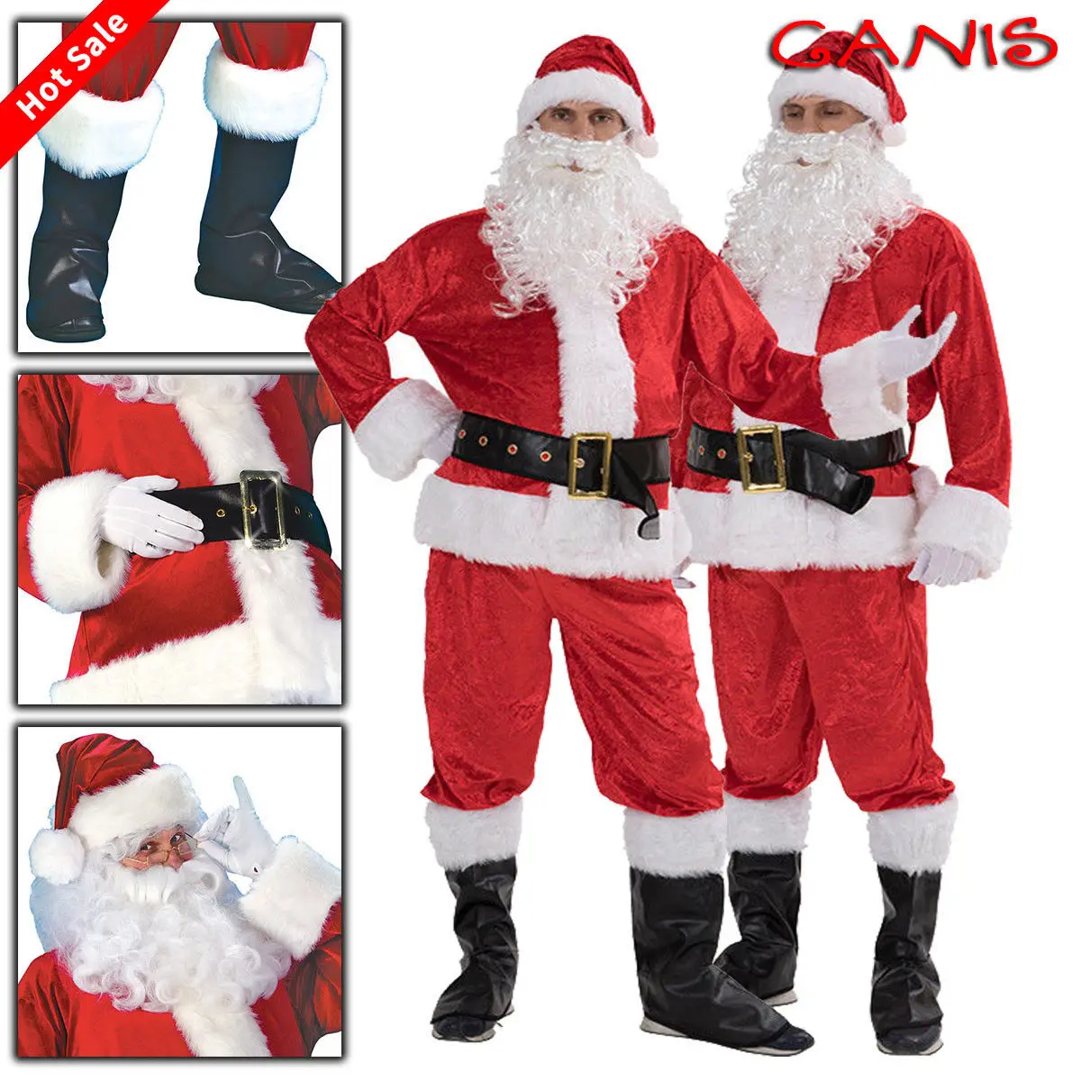 Adult Christmas Santa Claus Costume for Men&Women Santa Claus Role Cosplay Fancy Dress Suit with Wig Beard Outfit New 5PcsS-3XL