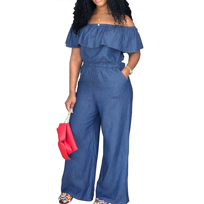 

XL 5XL Big Size Fashion African Women Jumpsuit Summer New Sexy Backless Solid One Shoulder Jumpsuit High Waist Wide Leg Pants