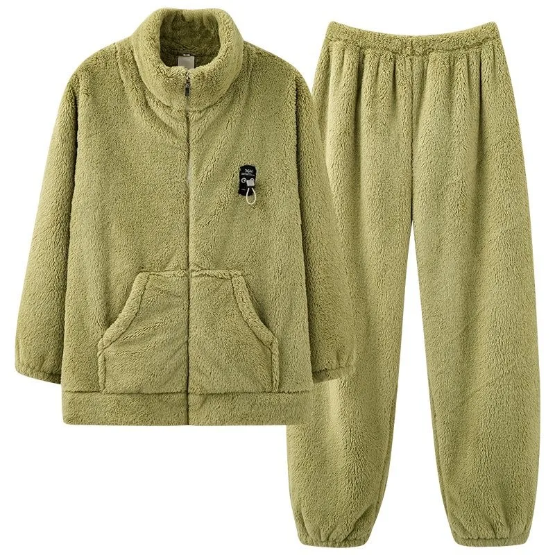2024 New Women Pajamas Coral Velvet Zipper Loungewear Autumn Winter Warm Sleepwear Thick Simple Homewear Suit Casual Nightwear