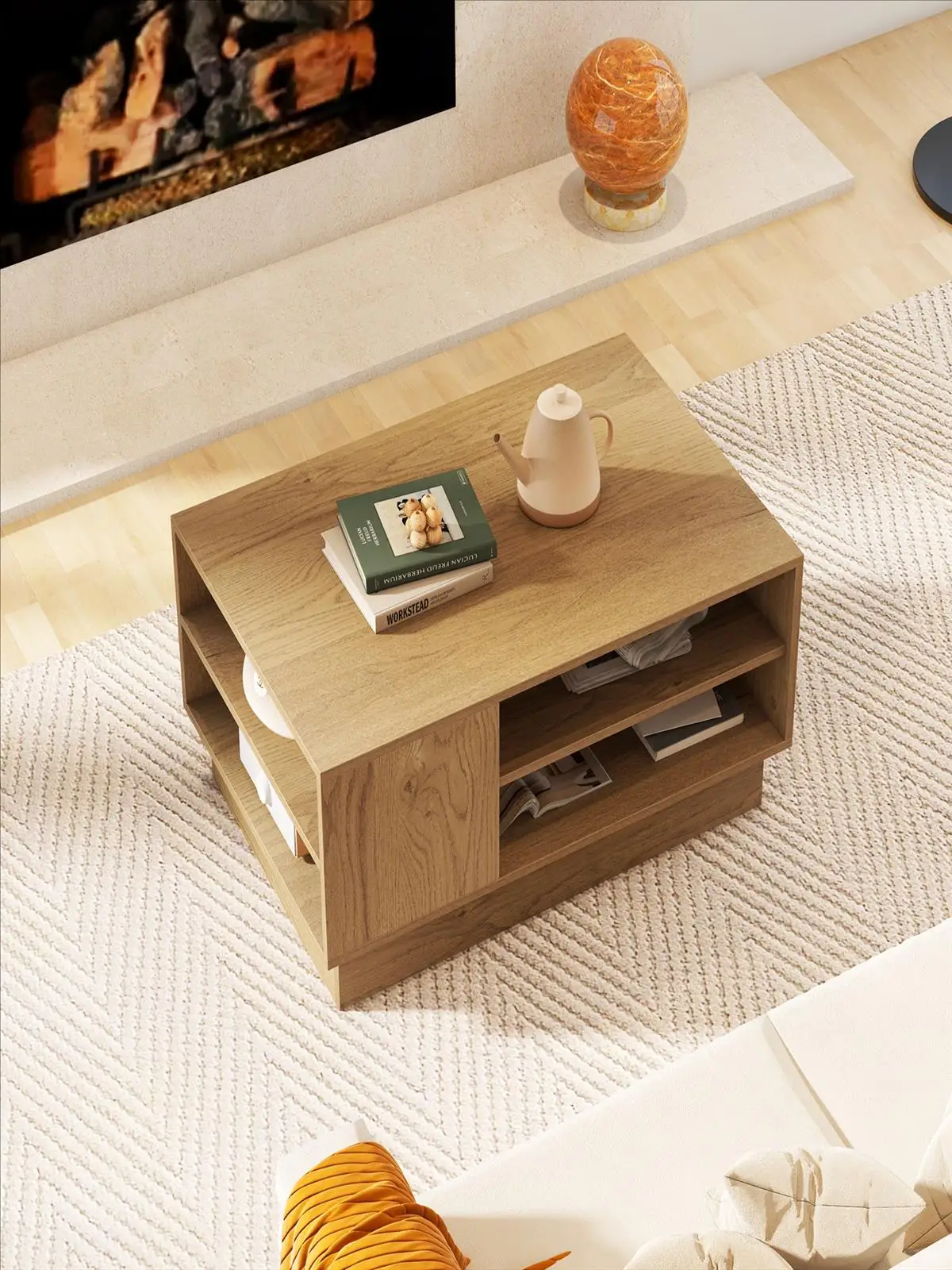 Moderner Mitteltisch, Couchtisch mit offenen Ablageflächen, versenkter Sockel und rutschfesten Fußpolstern, rechteckiger Couchtisch – Detail 1