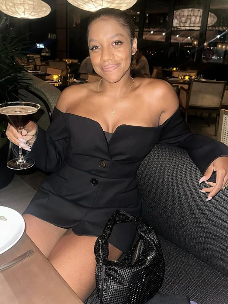 JULISSA MO Sexy Off Shoulder Button Women Dress Yellow Long Sleeve Blazer Dress Female Summer Skinny Elegant Party Clubwear 2025