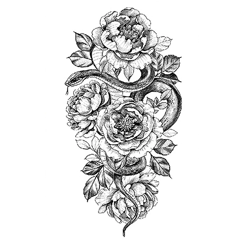 Black Large Snake Flower Tattoo Stickers Water Transfer Fake Tattoo Women Girl Wolf Rose Peony Leg Body Art Temporary Tattoos