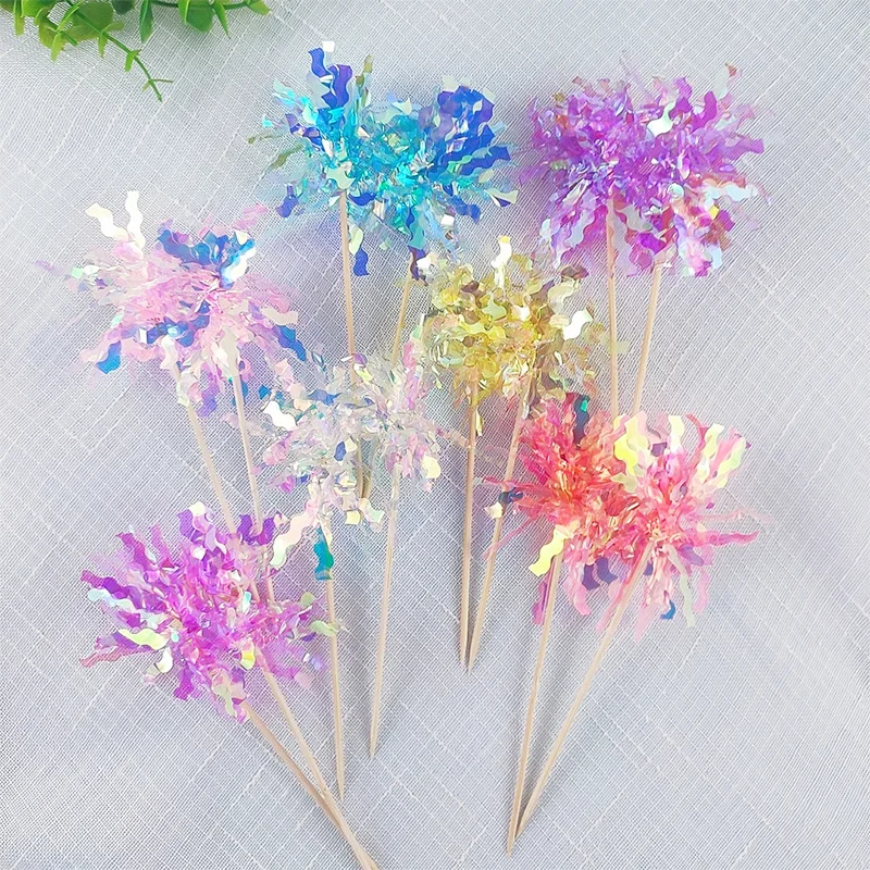 30-10PCS Foil Firework Cupcake Toppers Happy Birthday Cake Toppers Sparkle Tinsel Flower Toothpicks Party Decor Baby Shower
