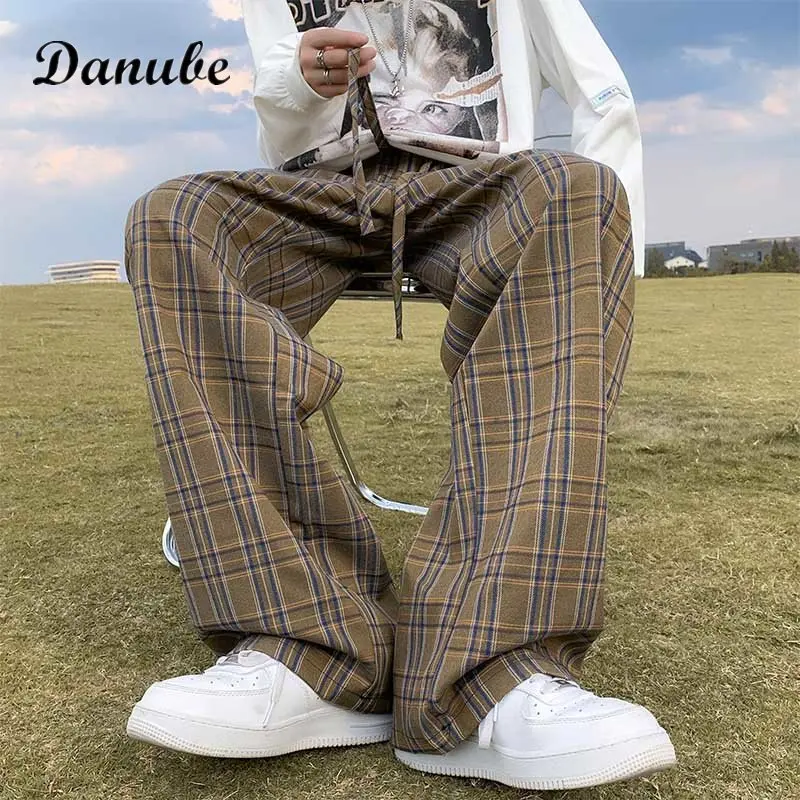 

Casual Vintage Plaid Pants Men's Streetwear Harajuku High Waist Drawstring Wide-leg Trousers Male Y2k Korean Style Loose Joggers