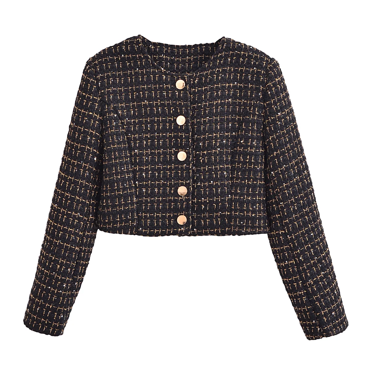 French Retro Women Black Weave Gold Line Tweed Blazer High Waist Center Buttons Back Zipper Mini Skirt Set Suits 2 pieces 1 set