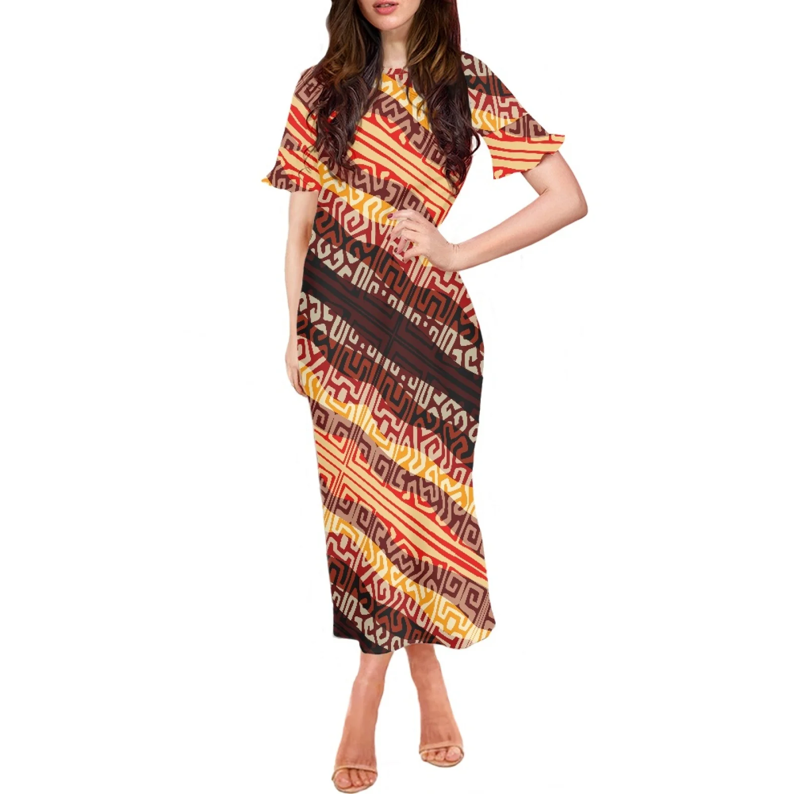 

Polynesian Tribal Pohnpei Totem Tattoo Prints Short Petal Sleeve Holiday Party Clothing Fashionable Sexy Art Perfect Long Dress
