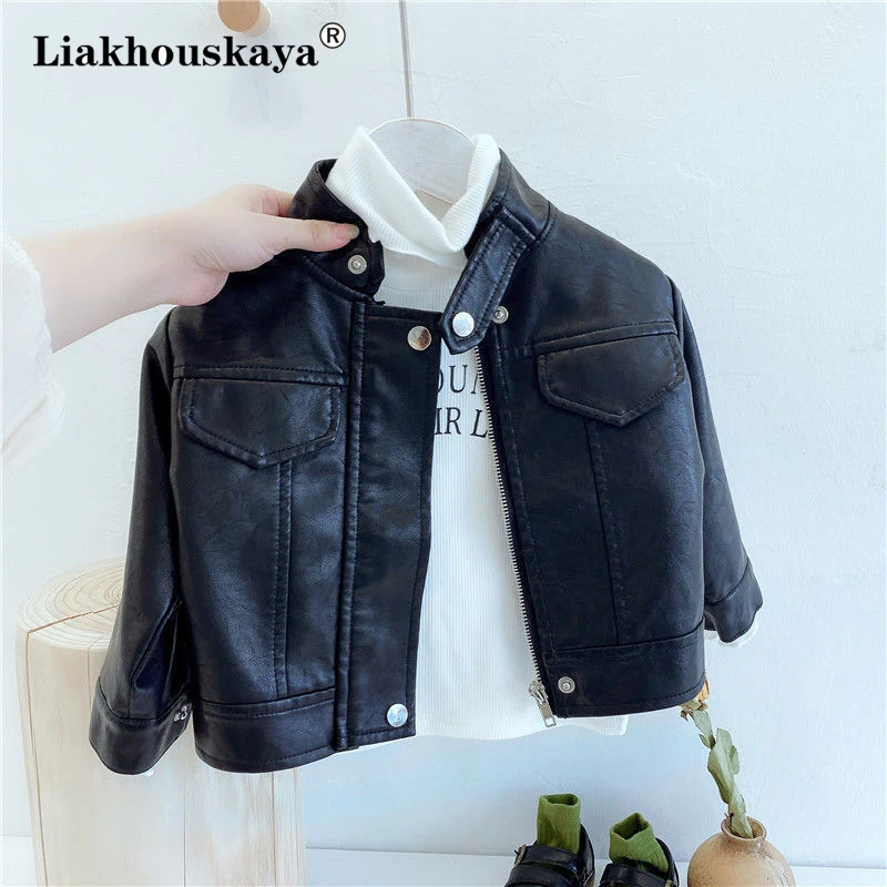 

90-140cm Kids Pu Leather Jacket Classic Collar Coats Teen Windbreaker Clothing Children'S Outerwear High Quality Girls Overwear