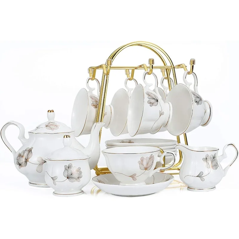 

Porcelain Ceramic 22-Piece Tea Set, Teapot and Cup Set, 30.7 Ounces, for 6, Gift Sets, Tea or Coffee Lovers