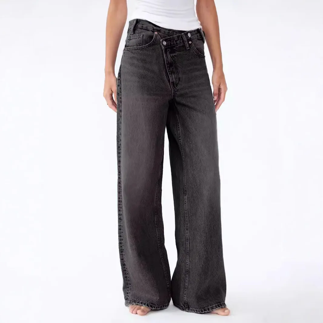 2025 Asymmetrical Diagonal Buckle Sense Design Wide-leg Jeans. Women's Four Seasons New Street Fashion Retro Casual Loose Jeans 2