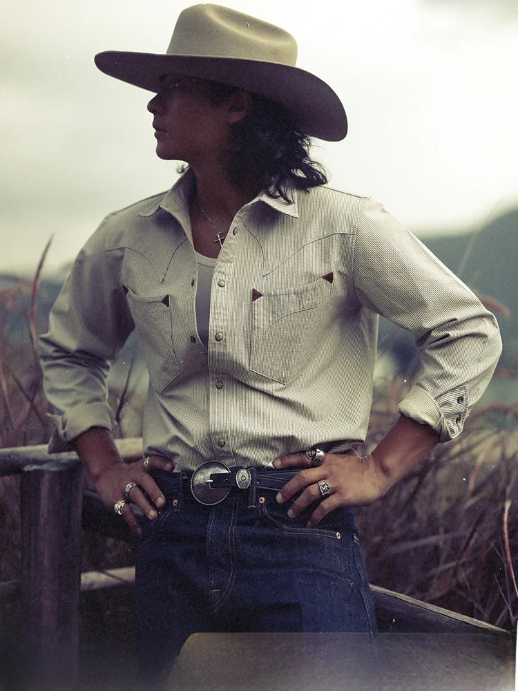 Western Series Narrow Width Long Sve Striped irt in Beige American Retro Sle Youthful Cotton Polyester Blend Workwear