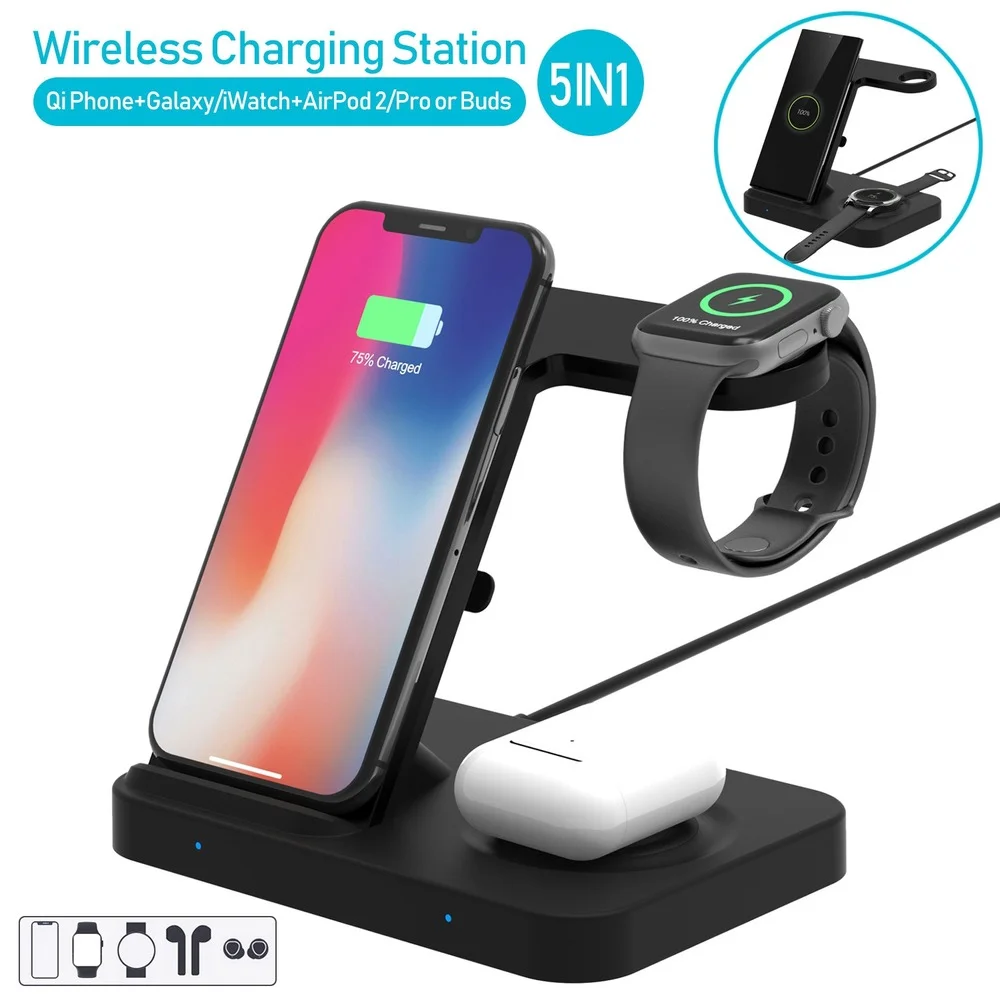 

Беспроводная зарядная станция Qi 5 в 1 для iPhone15 15Promax 14 13 12 XSMAX для Apple Watch для Airpods, зарядная док-станция, держатель