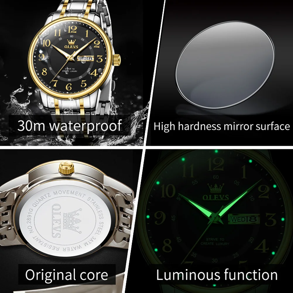 OLEVS Luxury Watches For Man Waterproof Luminous Date Week Men's Watch Stainless Steel Men Quartz Watches High Quality Clocks
