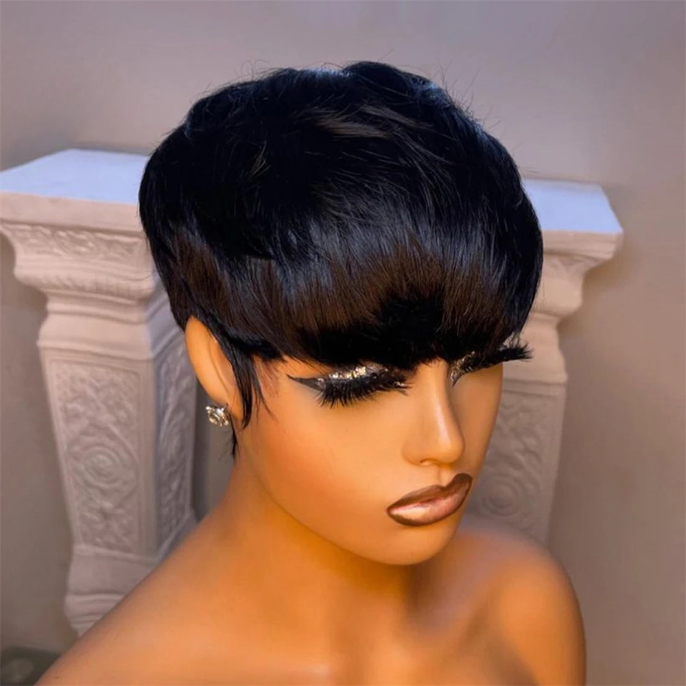 Short Straight Bob Wig Pixie Cut Wig Human Hair Black Women Bangs Brazilian Virgin Hair Non Lace front Cheap Black human hair wigs