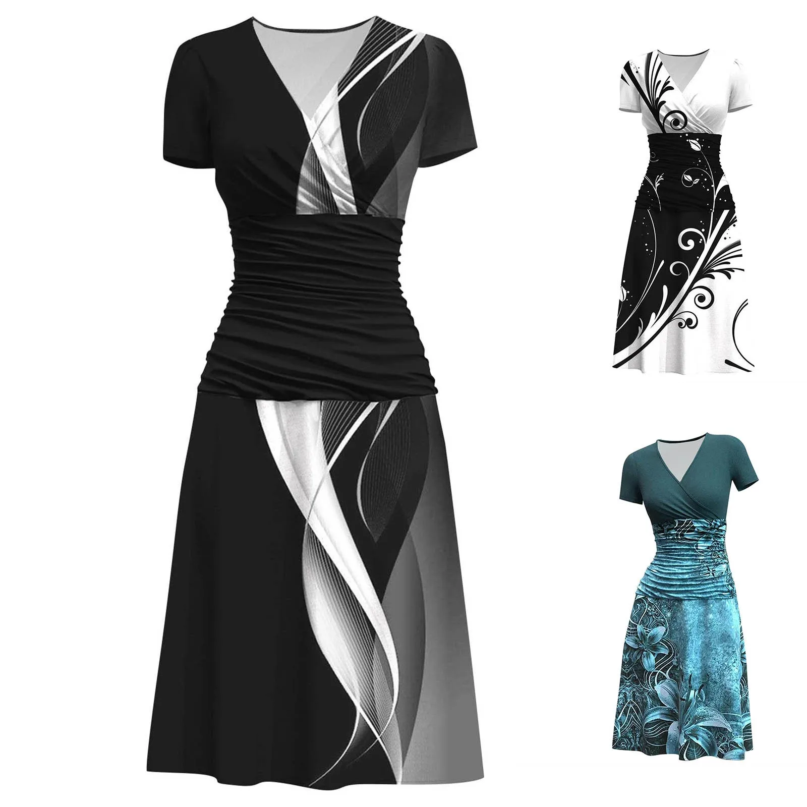 

Women'S Princess Dress Prom V-Neck Evening Formal Comfortable Durable Sexy Printed Side Zipper Short Sleeve Dress Vestidos