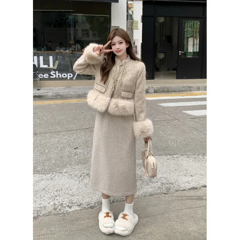 

High Quality Female Elegant Skirt Suits New Fall Winter 2 Piece Set Warm Fur Top Women Outfits Top+Bodycon Midi Skirt Suit