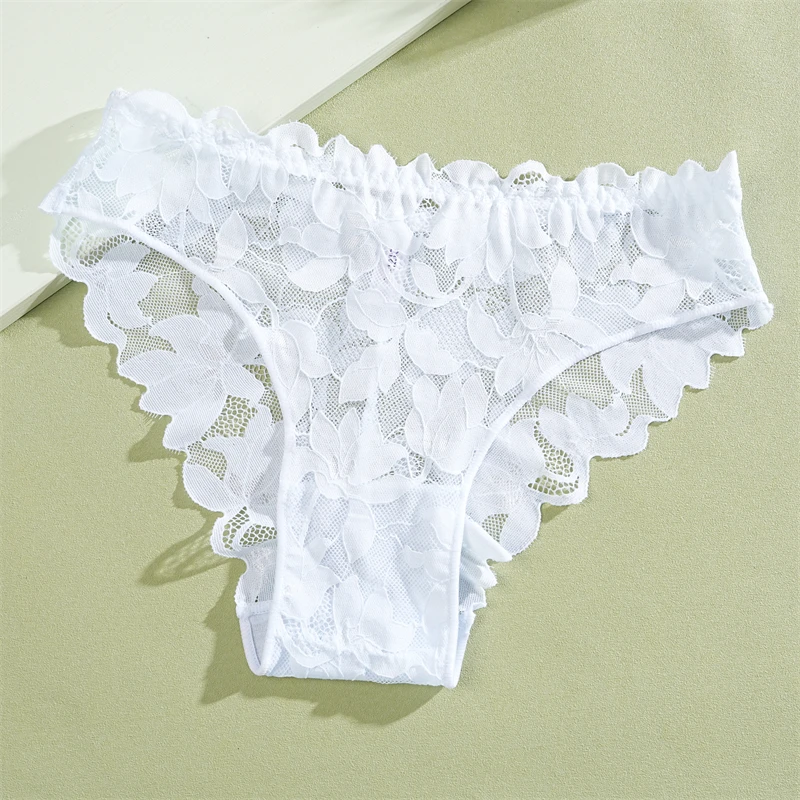 2Pcs Women's Satin Floral Lace Underwear Sexy Hollow Out Panties Solid Low-Waist Perspective Briefs Girls Soft Lingerie