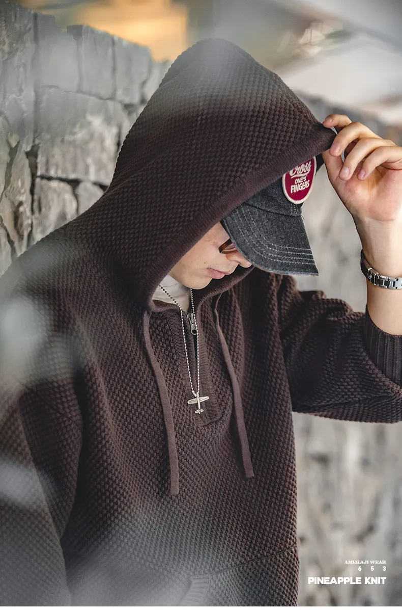 Maden Casual Knit Sweater Half-zip Basics Hoodies for Men Autumn Winter Fashion Brand Pullovers Warm Hooded Sweatshirt Tops