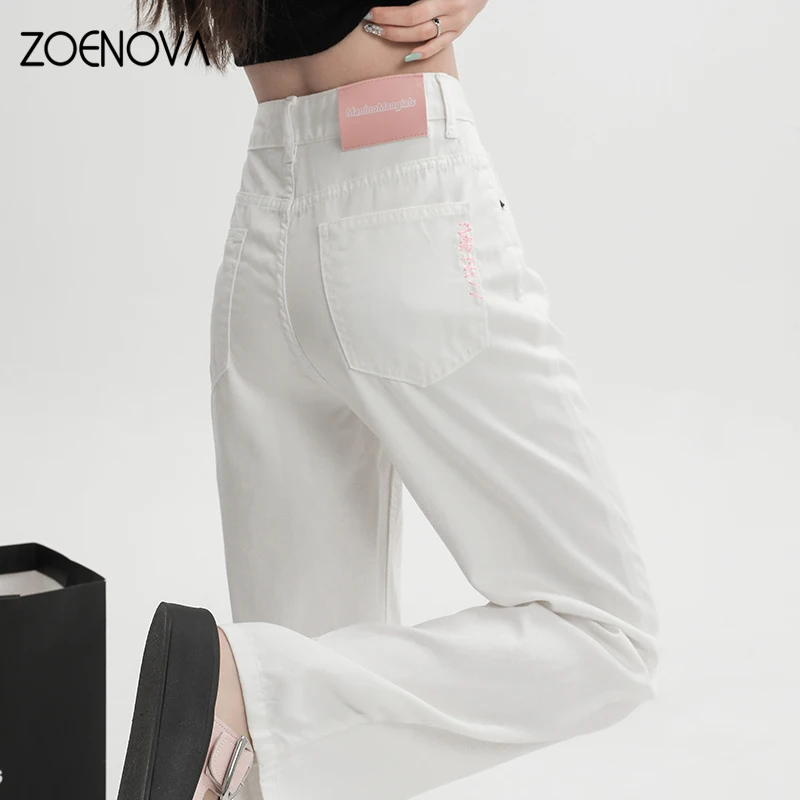 ZOENOVA 여성용 화이트 하이 퀄리티 아이스 실크 청바지, 리오셀 원단, 스몰 스트레이트 캐주얼, 다목적 데님 바지, 여름 신상 패션