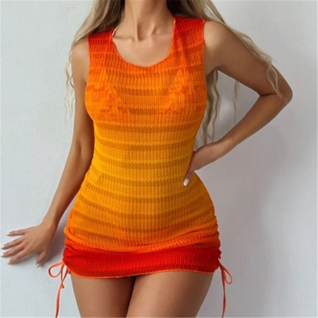 Gradient Sleeveless Crochet Knitted Tunic Beach Cover Up Cover-ups Beach Dress Beach Wear Beachwear Female Women V7999 6