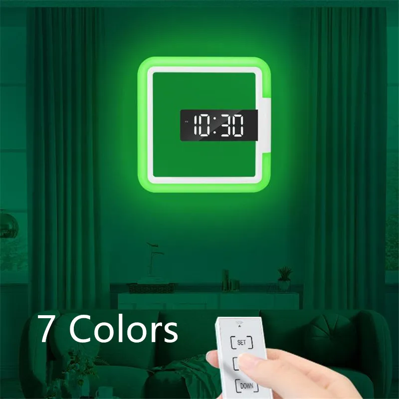 7 Colors 3D LED Wall Clock With Remote Control Digital Table Clock Alarm Mirror Wall Nightlight For Home Living Room 30#
