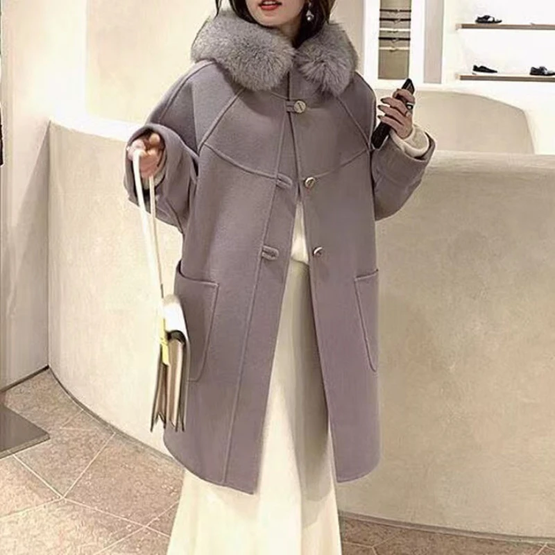 2023 Autumn Winter New Women Fox Fur Collar Mid-Length Double-Sided Wool Overcoat Female Loose Casual Temperament Hooded Outwear