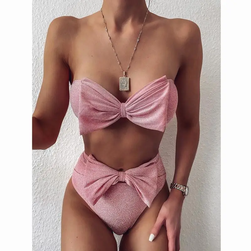 sport bikini set Bandeau Swimsuit High Waist Bikini Shining Bikini Set Bow Swimwear Women Bathing Suit Biquini cheap bikini sets Bikini Sets