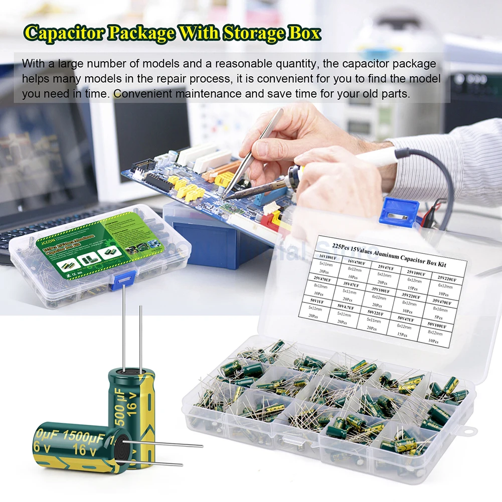15/24/36 Values 225/460/925Pcs Aluminum Electrolytic Capacitor Kit High Frequency Low ESR Electrolytic Capacitor Assortment Kit