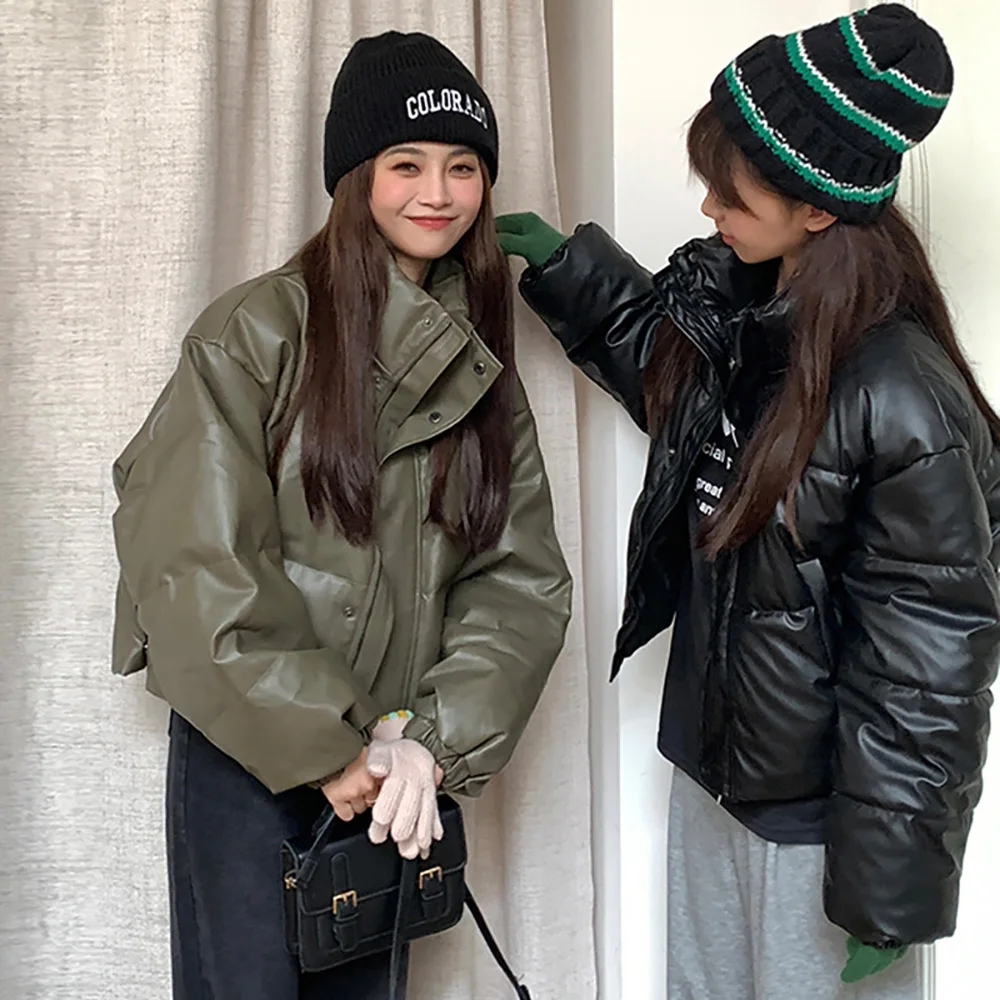 

Stand Collar Cotton Jackets for Women Winter Fashin Solid Color Pu Leather Cotton Padded Coats Outerwear Female Overcoats