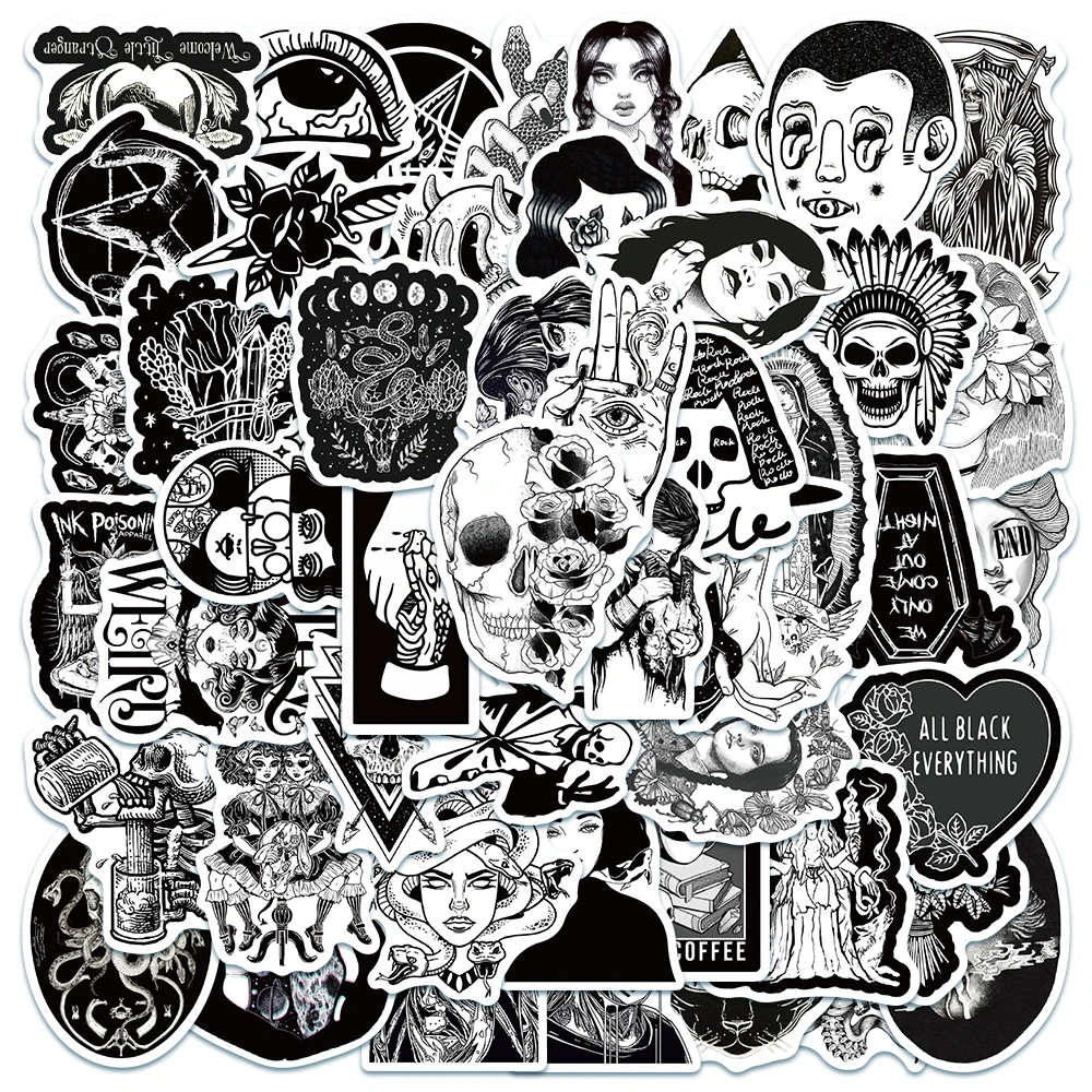 

10/50Pcs Black and White Gothic Punk Horrible Stickers Motorcycle Luggage Guitar Helmet Notebook Wall Graffiti Stickers Decals