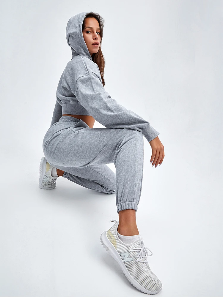 Women Solid Bright Colors Athflow Style Crop Hoodie Two Piece Suit Fashion Athleisure Bare Midriff Sweatshirt Pant Outfits Set plus size suit sets