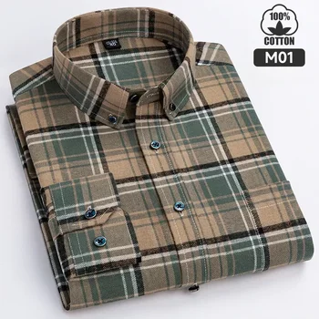 Plus Size 100% Long-sleeve Shirts for Men Casual Slim Fit Formal Plain Shirts Plaid Striped Elegants Designer Clothes
