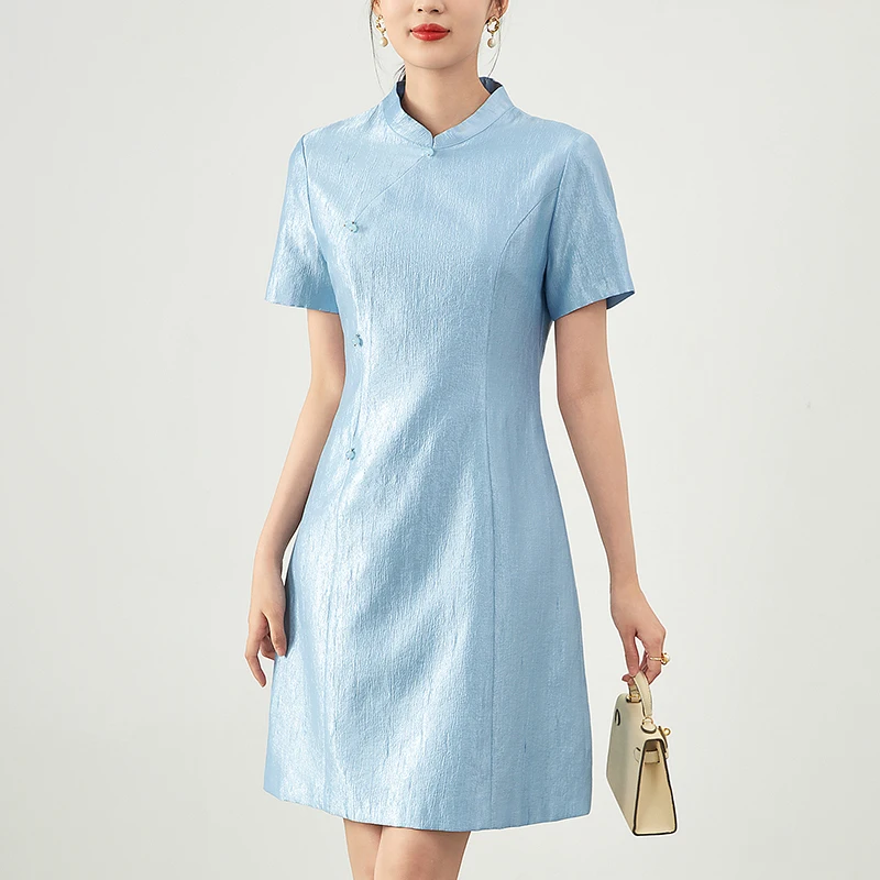

Elegant Dresses For Women 2024 Summer Chinese Style 34% Acetate Short Sleeve Women's Clothing Solid Vintage Cheongsam Dress Slim