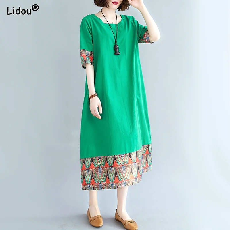 

Loose Women's Clothing 2023 Summer Short Sleeve Solid Color Thin Patchwork Long Skirts Fashion Korean Casual Elegant Dresses