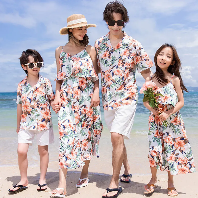 

Family Look Vacation Beach Clothing Mom Daughter Sleeveless Dress Dad Son Matching Floral Shirt Set Parent Child Holiday Clothes