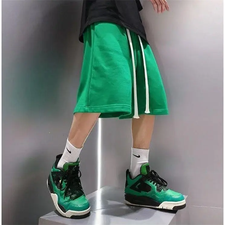 Ins Style Streetwear Summer Men Casual Shorts Cargo Cotton Knee Length Poppin Loose Trouser Male Drawstring Plain Lounge Shorts